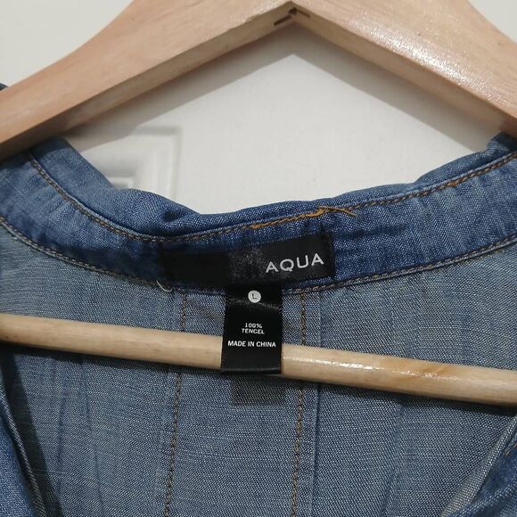 Aqua womens L swing flare shirt dress capsule denim button front pockets blue - Picture 5 of 7